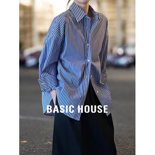 Basic House/百家好高知穿搭藍色條紋襯衫女夏季法式曡穿打底襯衣