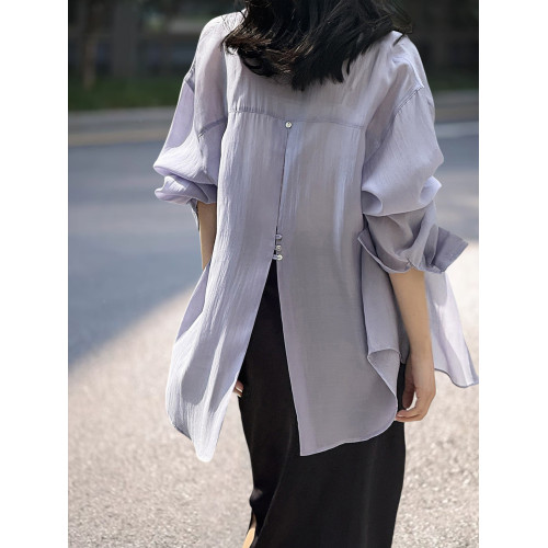 Basic House/百家好慵懶風萊賽爾天絲襯衫女夏季輕薄開叉防曬開衫