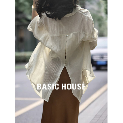 Basic House/百家好慵懶風萊賽爾天絲襯衫女夏季輕薄開叉防曬開衫
