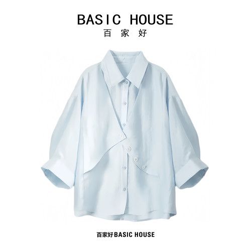 Basic House百家好2026新款繙領多釦假兩件寬鬆顯瘦襯衫薄款外套