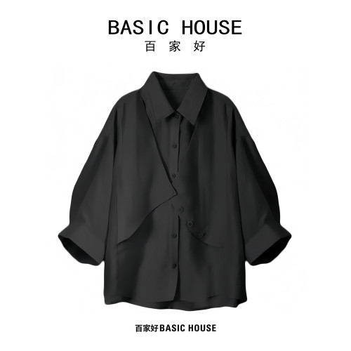 Basic House百家好2026新款繙領多釦假兩件寬鬆顯瘦襯衫薄款外套