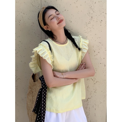 歐貨法式亞麻襯衫女2025夏季新款時尚寬松薄款小衫飛飛袖別致上衣