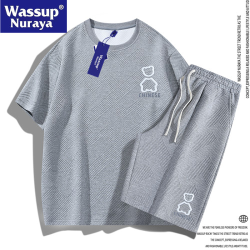 WASSUP Nuraya潮牌華夫格運動套裝男夏季短袖t恤男款短褲一套男生