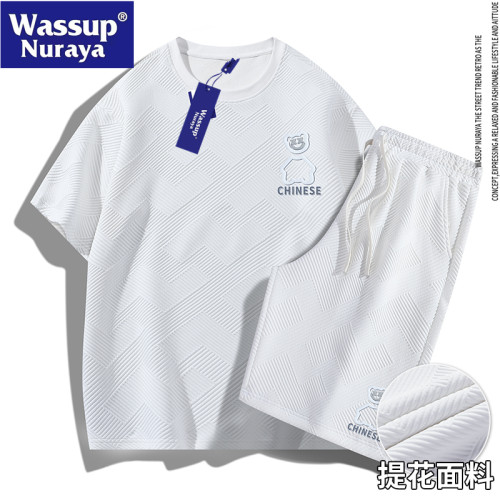 WASSUP Nuraya潮牌華夫格運動套裝男夏季短袖t恤男款短褲一套男生