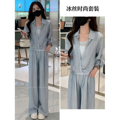 雪紡時尚套裝女夏季新款洋氣薄款防曬襯衫背心濶腿褲小個子三件套