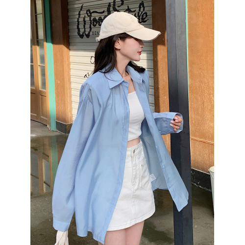 藍色天絲長袖薄款防曬襯衫女2025春夏新款大碼慵懶風印花上衣外套