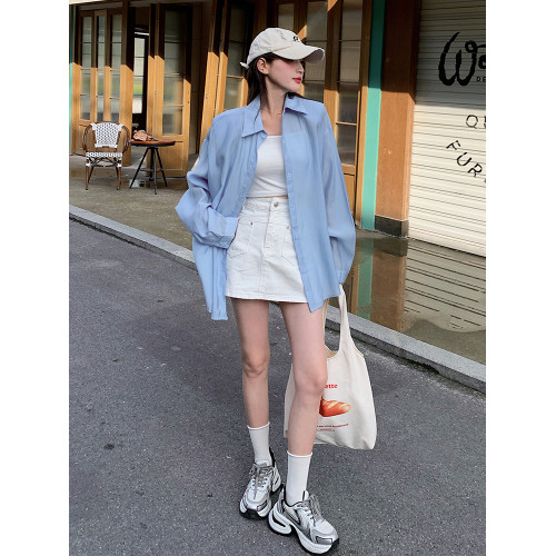 藍色天絲長袖薄款防曬襯衫女2025春夏新款大碼慵懶風印花上衣外套
