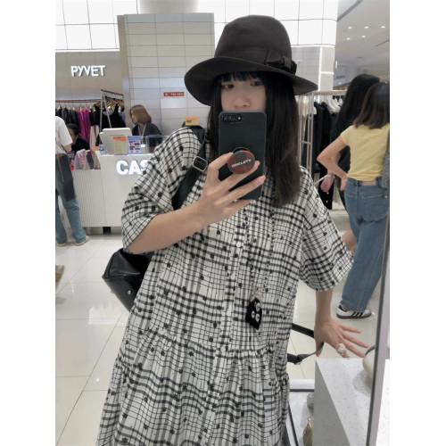 正確版花朵格子襯衫裙分割設計短袖連衣裙寬松曡穿設計感春夏