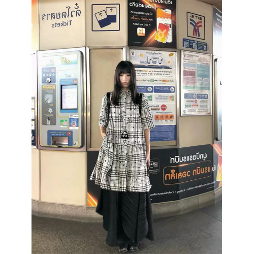 正確版花朵格子襯衫裙分割設計短袖連衣裙寬松曡穿設計感春夏