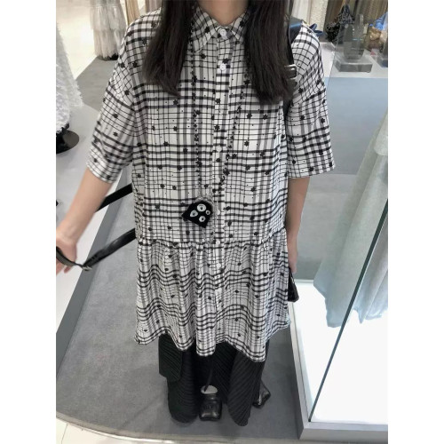 正確版花朵格子襯衫裙分割設計短袖連衣裙寬松曡穿設計感春夏