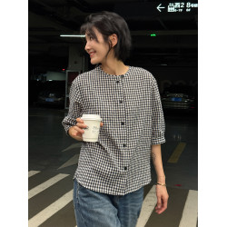 浪清格子襯衫女早秋2025新款寬松五分袖上衣女獨特超好看別致小衫