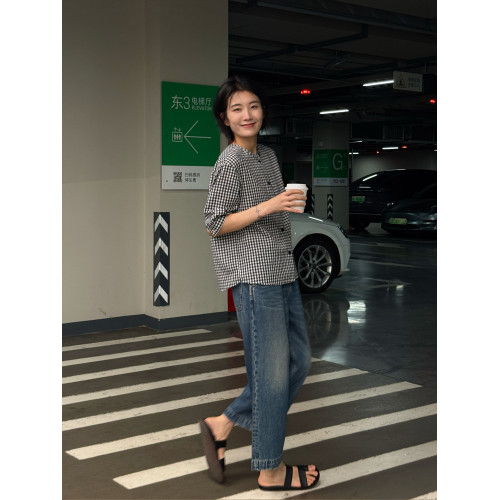 浪清格子襯衫女早秋2025新款寬松五分袖上衣女獨特超好看別致小衫