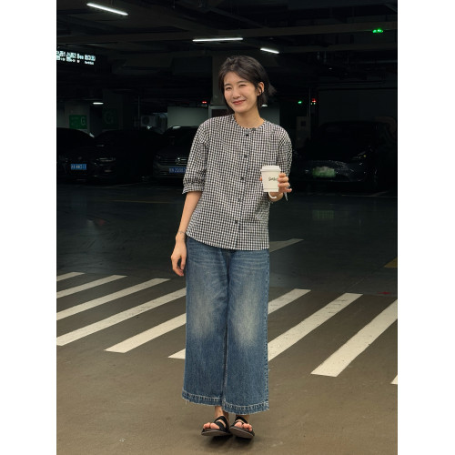 浪清格子襯衫女早秋2025新款寬松五分袖上衣女獨特超好看別致小衫