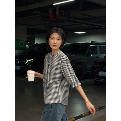 浪清格子襯衫女早秋2025新款寬松五分袖上衣女獨特超好看別致小衫
