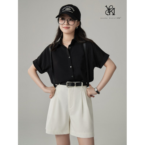 婭可家黑色緞面短袖襯衫女夏季職業通勤氣質垂感不易皺休閒襯衣女