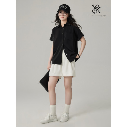 婭可家黑色緞面短袖襯衫女夏季職業通勤氣質垂感不易皺休閒襯衣女