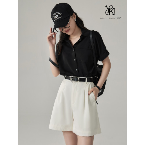 婭可家黑色緞面短袖襯衫女夏季職業通勤氣質垂感不易皺休閒襯衣女