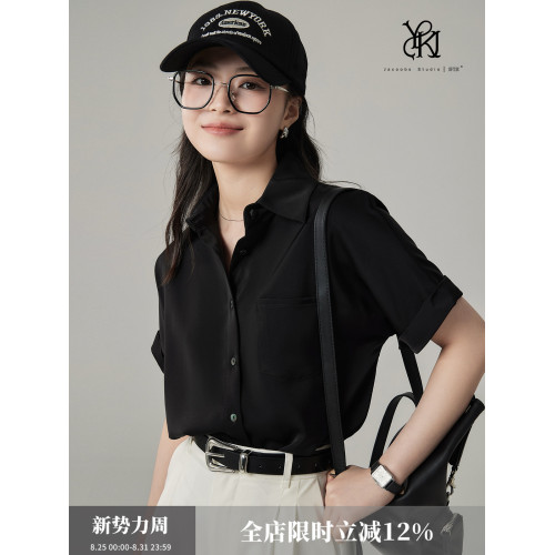 婭可家黑色緞面短袖襯衫女夏季職業通勤氣質垂感不易皺休閒襯衣女