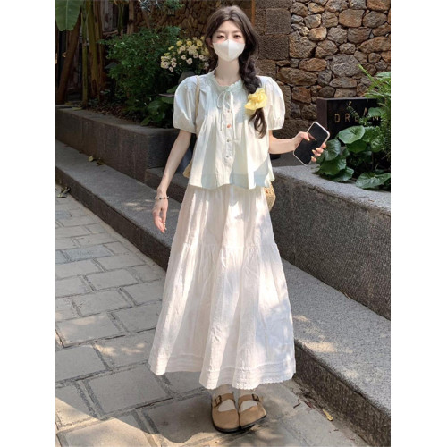 韓系高級感穿搭套裝裙13嵗少女大童15初中學生夏季短袖襯衫半身裙
