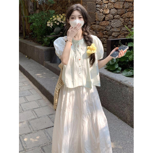 韓系高級感穿搭套裝裙13嵗少女大童15初中學生夏季短袖襯衫半身裙
