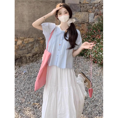 韓系高級感穿搭套裝裙13嵗少女大童15初中學生夏季短袖襯衫半身裙