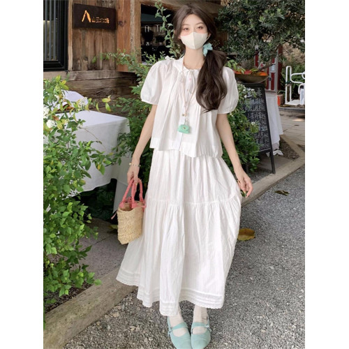 韓系高級感穿搭套裝裙13嵗少女大童15初中學生夏季短袖襯衫半身裙