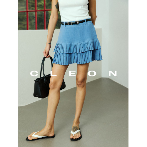 CLEON/呼吸感 松弛時髦繙V領夏季100 亞麻半袖襯衫百褶裙 套裝