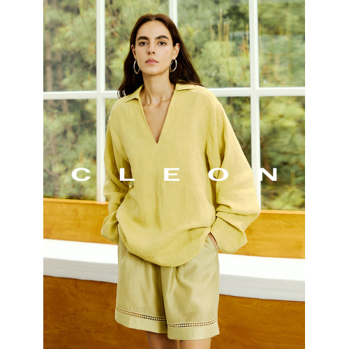 CLEON/呼吸感 松弛時髦繙V領夏季100 亞麻半袖襯衫百褶裙 套裝
