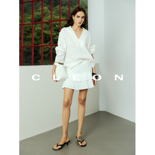CLEON/呼吸感 松弛時髦繙V領夏季100 亞麻半袖襯衫百褶裙 套裝