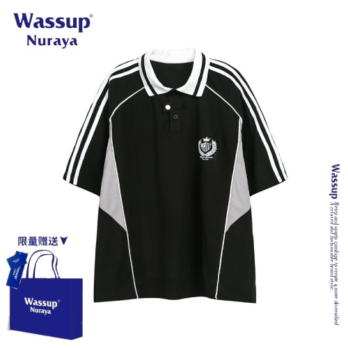WASSUP NURAYA美式復古拼接短袖T恤男女夏季新款三條杠寬松上衣潮