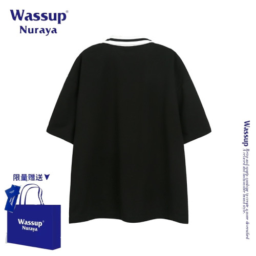 WASSUP NURAYA美式復古拼接短袖T恤男女夏季新款三條杠寬松上衣潮