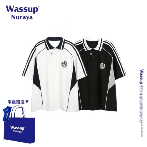 WASSUP NURAYA美式復古拼接短袖T恤男女夏季新款三條杠寬松上衣潮