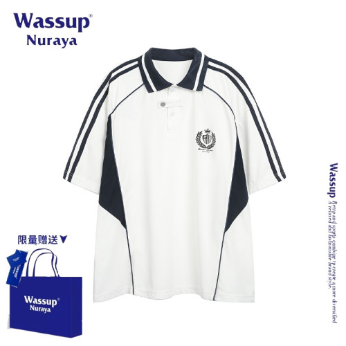 WASSUP NURAYA美式復古拼接短袖T恤男女夏季新款三條杠寬松上衣潮