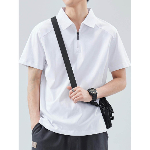 日系復古polo衫男夏季重磅寬松薄款半拉鍊翻領運動休閒透氣上衣