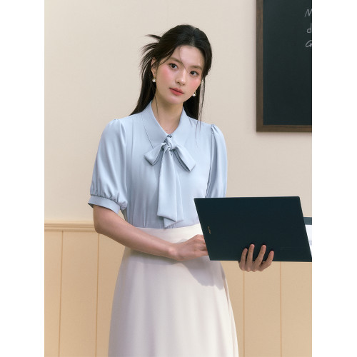 Miss Burde藍色短袖襯衫女士上衣教資面試穿搭職業裝通勤套裝襯衣