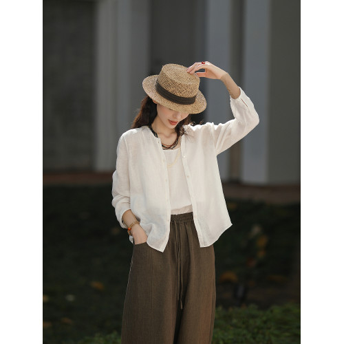 麻霖漢麻亞麻超薄水洗微皺面料曲線工藝蓬松霧感長袖遮陽襯衫