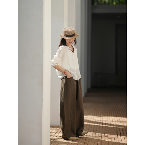 麻霖漢麻亞麻超薄水洗微皺面料曲線工藝蓬松霧感長袖遮陽襯衫