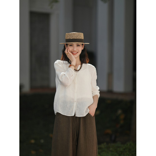 麻霖漢麻亞麻超薄水洗微皺面料曲線工藝蓬松霧感長袖遮陽襯衫