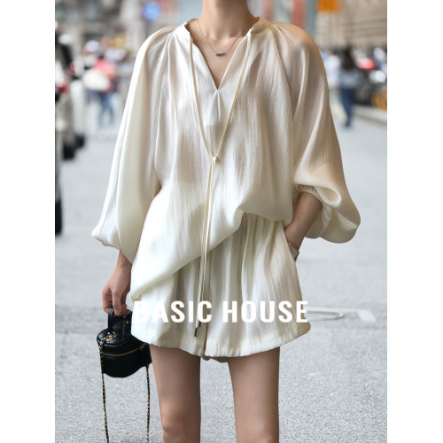 Basic House/百家好萊賽爾天絲防曬套裝女夏季慵懶風白色襯衫短褲