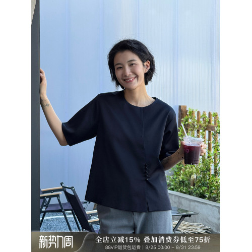周浪清 天絲襯衫夏季女短袖2025新款好看別致小衫亞麻t恤醋酸上衣