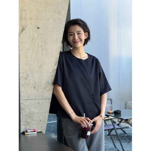 周浪清 天絲襯衫夏季女短袖2025新款好看別致小衫亞麻t恤醋酸上衣