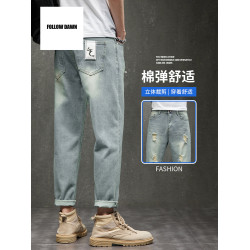 復古牛仔褲男士九分褲潮牌直筒寬鬆休閒春季痞帥褲子
