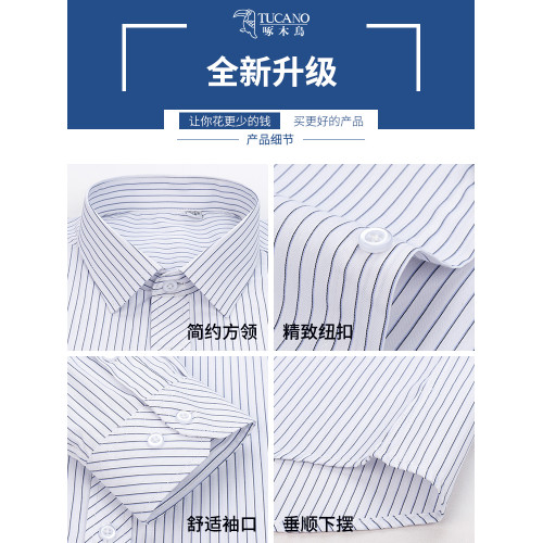 啄木鳥襯衫男士長袖2024春秋季新款工裝爸爸商務藍色條紋短袖襯衣