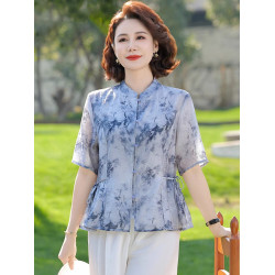 媽媽夏裝雪紡短袖襯衫上衣服中老年女夏季碎花T恤小衫兩件套