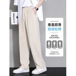 啄木鳥冰絲休閒褲男士夏季薄款2025新款寬松直筒垂感商務小西褲K