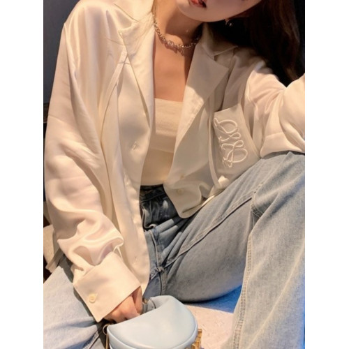 高級感醋酸緞面襯衫春秋寬松顯瘦法式別致刺綉白色襯衣女長袖上衣