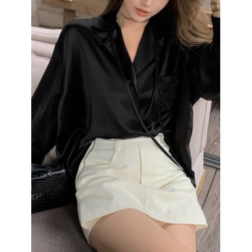 高級感醋酸緞面襯衫春秋寬松顯瘦法式別致刺綉白色襯衣女長袖上衣