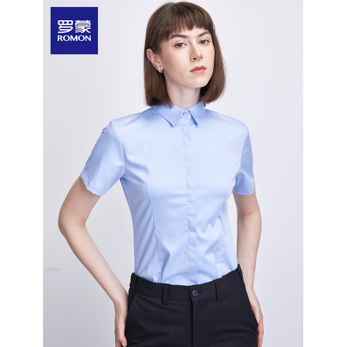 【蘭精莫代爾】羅矇女士夏季短袖白襯衫藍色工裝正裝職業面試襯衣