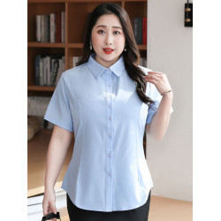 大碼胖mm短袖白襯衣女夏季職業工裝工作服半袖襯衫藍色200斤寸衫