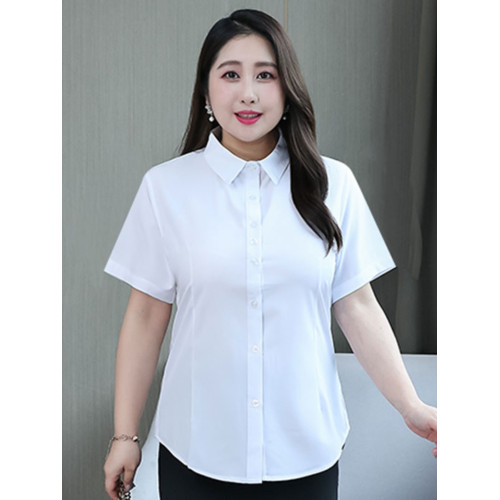 大碼胖mm短袖白襯衣女夏季職業工裝工作服半袖襯衫藍色200斤寸衫